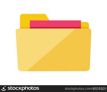 Yellow Web Folder Sign with Documents. Interface. Folder icon isolated on white. Yellow web folder sign with documents. Interface of button for data storage. Multimedia archive. Information saver. Folder for web documents. Vector in flat style design