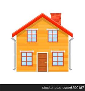Yellow wooden house on a white background. Country house with a red roof, windows and chimney. Element of design, advertising. Vector illustration, icon. Stock vector