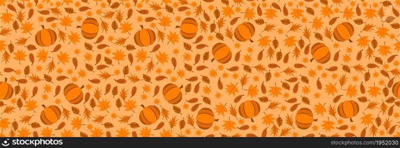 Yellowed leaves and pumpkin, seamless pattern. Thanksgiving background.