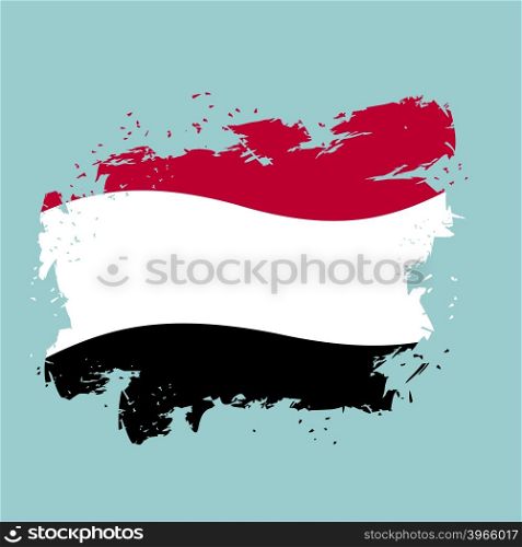 Yemen flag grunge style on blue background. Brush strokes and ink splatter. National symbol of Yemeni government&#xA;
