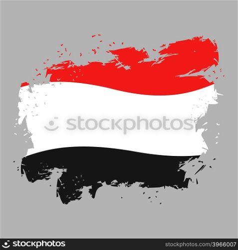 Yemen flag grunge style on gray background. Brush strokes and ink splatter. National symbol of Yemeni government&#xA;