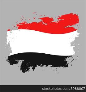 Yemen flag grunge style on gray background. Brush strokes and ink splatter. National symbol of Yemeni government&#xA;