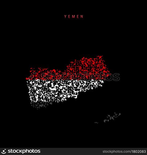 Yemen flag map, chaotic particles pattern in the colors of the Yemeni flag. Vector illustration isolated on black background.. Yemen flag map, chaotic particles pattern in the Yemeni flag colors. Vector illustration