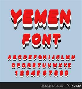 Yemen font. Yemeni flag on letters. National Patriotic alphabet. 3d letter. State color symbolism state in Southwest Asia&#xA;