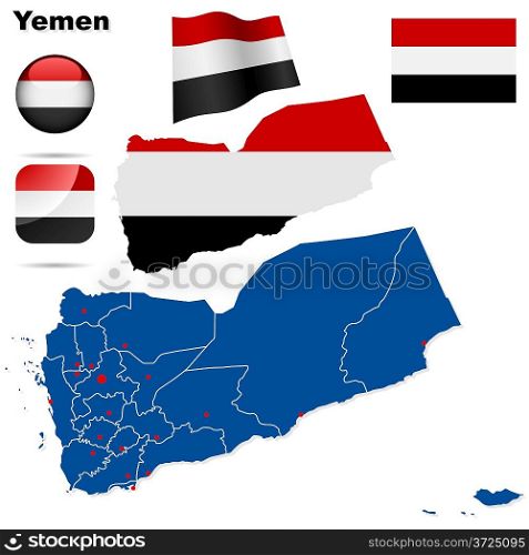 Yemen vector set. Detailed country shape with region borders, flags and icons isolated on white background.