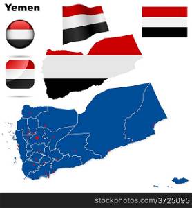 Yemen vector set. Detailed country shape with region borders, flags and icons isolated on white background.