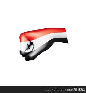 Yemeni flag and hand on white background. Vector illustration.. Yemeni flag and hand on white background. Vector illustration