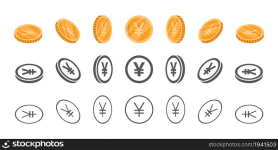 Yen or Yuan coins. Rotation of icons at different angles for animation. Coins in isometric. Vector illustration