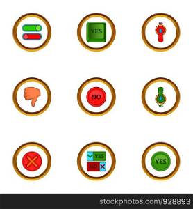 Yes and no button icons set. Cartoon style set of 9 yes and no button vector icons for web design. Yes and no button icons set, cartoon style