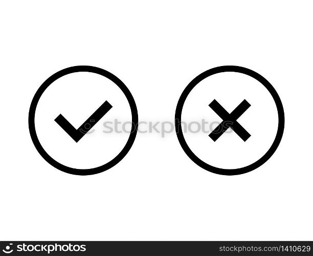 Yes and no cross. Wrong and correct choice buttons. Set of right and incorrect answer. Positive and negative tick illustration. Isolated answer with checkmark in black and white. Vector EPS 10