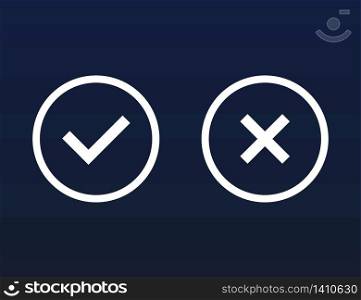 Yes and no cross. Wrong and correct choice buttons. Set of right and incorrect answer. Positive and negative tick illustration. Isolated answer with checkmark in black and white. Vector EPS 10