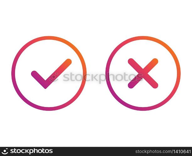 Yes and no gradient checkmarks. Colorful correct and wrong tick. Checkbox button to choose right and incorrect answer. Confirm and error isolated symbols. Insta design. Vector EPS 10