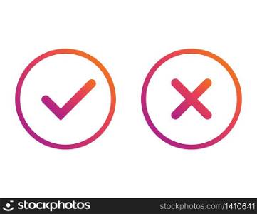 Yes and no gradient checkmarks. Colorful correct and wrong tick. Checkbox button to choose right and incorrect answer. Confirm and error isolated symbols. Insta design. Vector EPS 10
