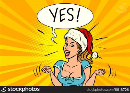 Yes joyful Santa woman. Comic book cartoon pop art retro vector illustration drawing. Yes joyful Santa woman