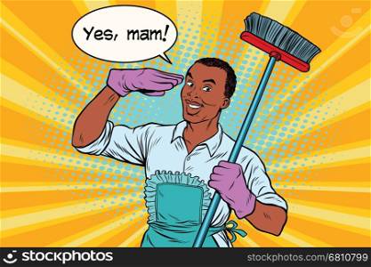 yes mam Husband and cleaning the house. Vintage pop art retro vector illustration. Professional cleaning. African American people. yes mam Husband and cleaning the house