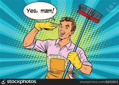 yes mam Husband and cleaning the house. Vintage pop art retro vector illustration. Professional cleaning. yes mam Husband and cleaning the house