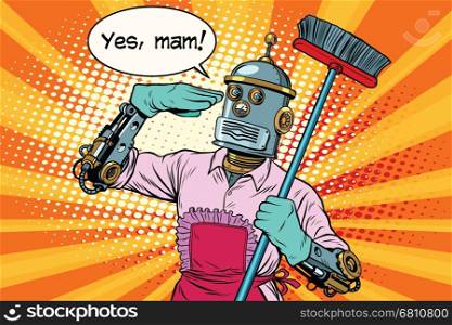 yes mam Robot and cleaning the house. Vintage pop art retro vector illustration. Professional cleaning. yes mam Robot and cleaning the house