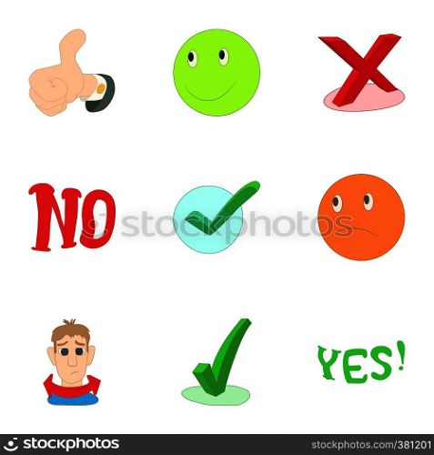 Yes no button icons set. Cartoon illustration of 9 yes no button vector icons for web. Yes no button icons set, cartoon style