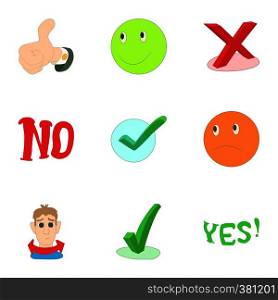 Yes no button icons set. Cartoon illustration of 9 yes no button vector icons for web. Yes no button icons set, cartoon style