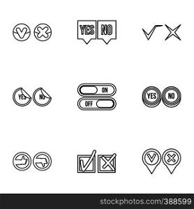 Yes no choice icons set. Outline illustration of 9 yes no choice vector icons for web. Yes no choice icons set, outline style