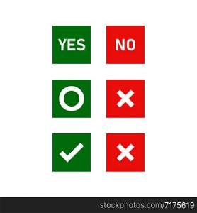 Yes no circle cross and checkmark isolated buttons or symbols. True or wrong signs Green and red color. EPS 10. Yes no circle cross and checkmark isolated buttons or symbols. True or wrong signs Green and red color.