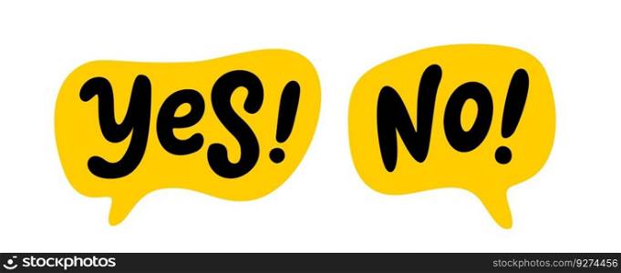 YES NO icon logo. Word yes no text on talk shape. Vector illustration yes no in speech bubble on white background. Design element for badge, sticker, mark, symbol icon and card chat. Test question. YES NO icon logo. Word yes no text on talk shape. Vector illustration yes no in speech bubble. Test question