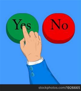 Yes no right wrong answer business concept. Businessman pushing button with his index finger. Comic book style concept.