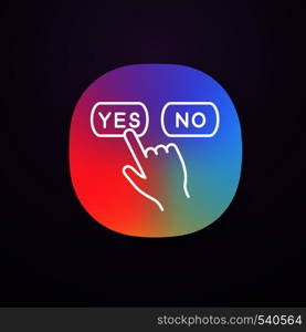 Yes or no click app icon. UI/UX user interface. Accept and decline buttons. Hand pressing button. Web or mobile applications. Vector isolated illustration. Yes or no click app icon