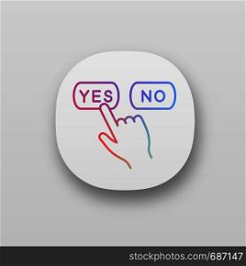 Yes or no click app icon. UI/UX user interface. Accept and decline buttons. Hand pressing button. Web or mobile application. Vector isolated illustration. Yes or no click app icons set