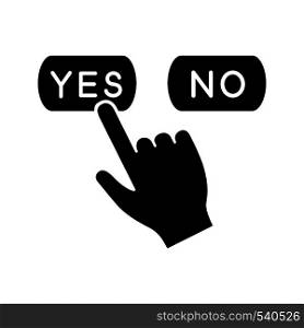Yes or no click glyph icon. Accept and decline buttons. Hand pressing button. Silhouette symbol. Negative space. Vector isolated illustration. Yes or no click glyph icon