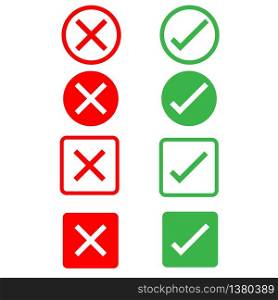 yes or no icons on white background. flat style. set of mark buttons icon for your web site design, logo, app, UI. green check marks and red crosses symbol. tick and cross sign.