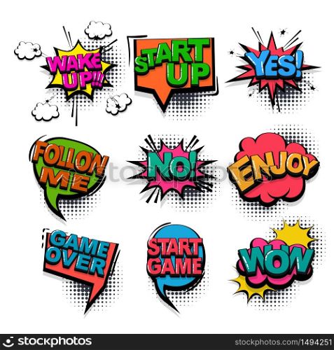 Yes wake up wow comic text collection sound effects pop art style. Set vector speech bubble with word and short phrase cartoon expression illustration. Comics book colored background template.