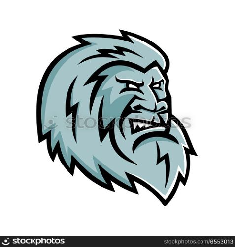 Yeti Head Mascot. Mascot icon illustration of head of a Yeti or Abominable Snowman, an ape-like entity, mythical or legendary creature in the folklore of Nepal viewed from side on isolated background in retro style.. Yeti Head Mascot
