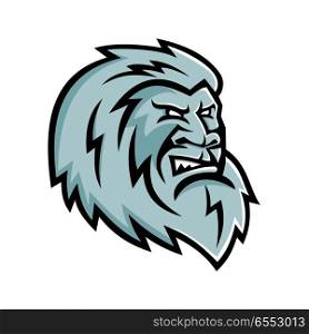 Yeti Head Mascot. Mascot icon illustration of head of a Yeti or Abominable Snowman, an ape-like entity, mythical or legendary creature in the folklore of Nepal viewed from side on isolated background in retro style.. Yeti Head Mascot