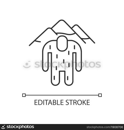 Yeti linear icon. Mysterious ape-like creature. Nepali folklore. Abominable snowman. Thin line customizable illustration. Contour symbol. Vector isolated outline drawing. Editable stroke. Yeti linear icon