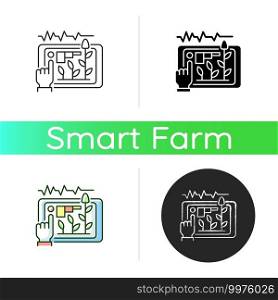 Yield prediction icon. Soil test information. Crop growth forecasting. Machine learning. Analysis system. Linear black and RGB color styles. Isolated vector illustrations. Yield prediction icon