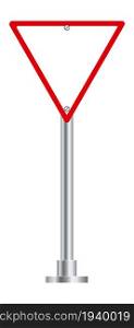 Yield road sign. Blank red triangle on metal pole. Vector illustration. Yield road sign. Blank red triangle on metal pole