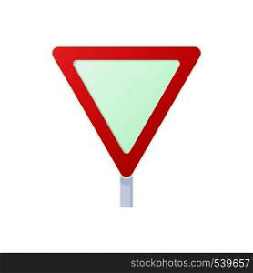 Yield triangular road sign icon in cartoon style on a white background. Yield triangular road sign icon, cartoon style