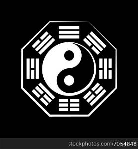 Yin-Yang and Ba-gua (8 trigrams). The Chinese Cosmic Symbol of duality and unity of opposites, surrounded by hieroglyphs of the eight essential elements of Nature. The Universal Principle of Harmony.