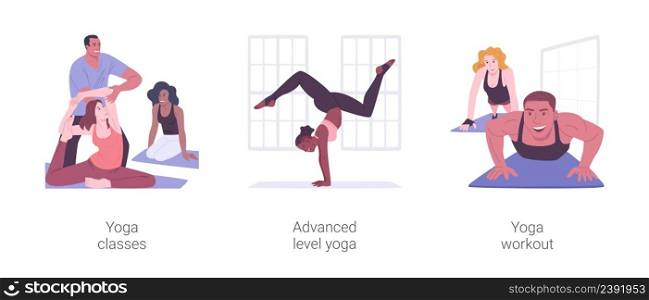 Yoga activities isolated cartoon vector illustrations set. Yoga classes, advanced body control exercise, power workout, lotus pose, healthy lifestyle, strength and endurance training vector cartoon.. Yoga activities isolated cartoon vector illustrations set.