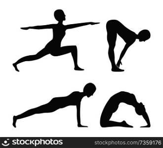 Yoga and fitness activities set, shapes or silhouettes of woman does exercises with poses cartoon vector illustrations collection isolated on white.. Yoga and Fitness Activities Vector Illustration