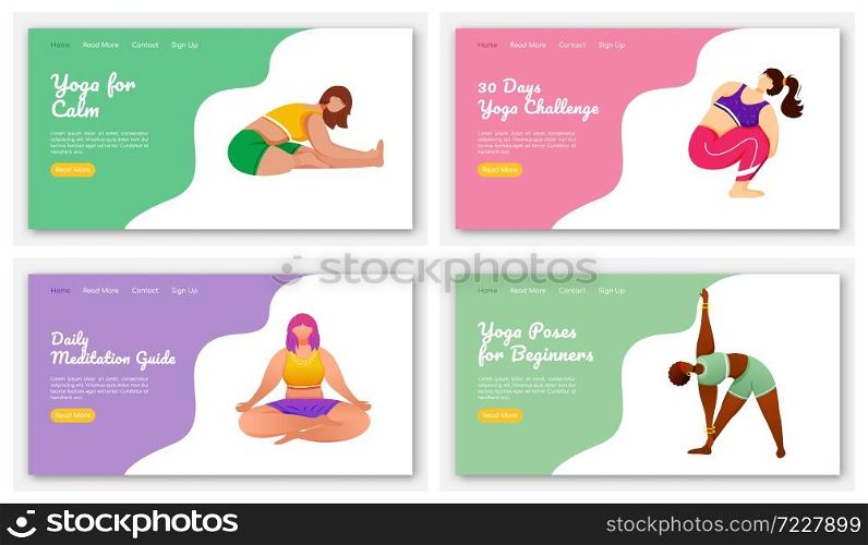 Yoga and meditation poses landing page vector template set. Stretch exercises. Bodypositive website interface idea with flat illustrations. Homepage layout, web banner, webpage cartoon concept. Yoga and meditation poses landing page vector template set