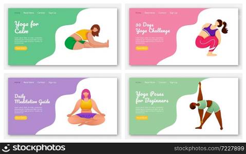 Yoga and meditation poses landing page vector template set. Stretch exercises. Bodypositive website interface idea with flat illustrations. Homepage layout, web banner, webpage cartoon concept. Yoga and meditation poses landing page vector template set