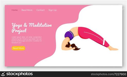 Yoga and meditation project landing page vector template. Sport exercises. Bodypositive website interface idea with flat illustrations. Homepage layout, web banner, webpage cartoon concept. Yoga and meditation project landing page vector template