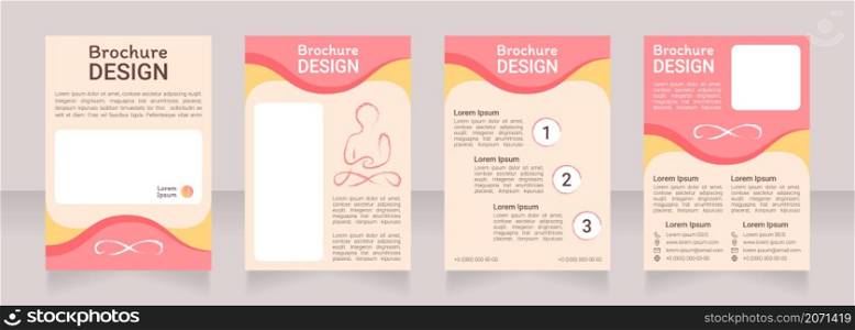 Yoga and meditation studio blank brochure design. Template set with copy space for text. Premade corporate reports collection. Editable 4 paper pages. Roboto Light, Medium, Itim Regular fonts used. Yoga and meditation studio blank brochure design