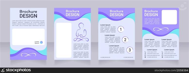 Yoga and meditation studio blue blank brochure design. Template set with copyspace for text. Premade corporate reports collection. Editable 4 paper pages. Roboto Light, Medium, Itim Regular fonts used. Yoga and meditation studio blue blank brochure design