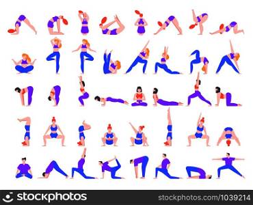 Yoga asanas. Practice in yoga poses, young people train balance, meditate and relax at yoga class vector illustration. Man and woman characters practicing pilates isolated on white background. Yoga asanas. Practice in yoga poses, young people train balance, meditate and relax at yoga class vector illustration. People characters practicing pilates, doing sports isolated on white background