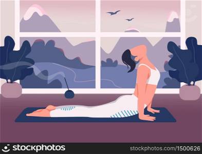 Yoga at home flat color vector illustration. Flexible woman in cobra pose 2D cartoon character with window on background. Healthy lifestyle, relaxation. Sportswoman doing stretching exercise. Yoga at home flat color vector illustration