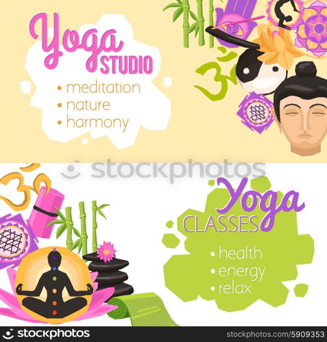 Yoga banners horizontal set with wellness and fitness elements isolated vector illustration. Yoga Banners Horizontal