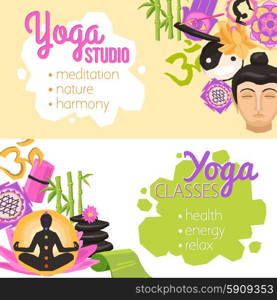 Yoga banners horizontal set with wellness and fitness elements isolated vector illustration. Yoga Banners Horizontal